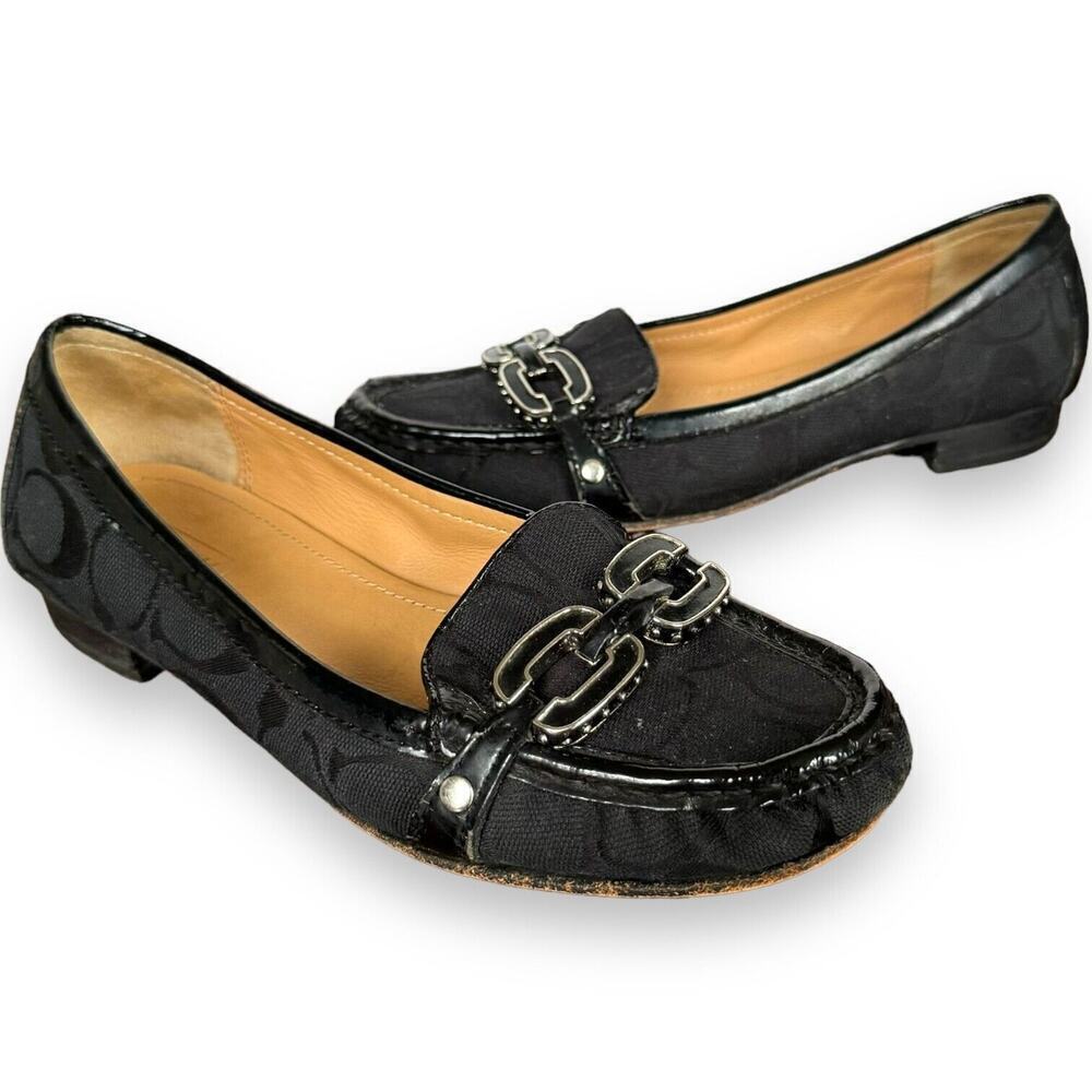 Coach Womens Ella Loafers Black Monogram Fabric Moc Toe Slip On Horsebit 6.5B